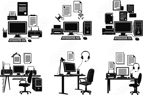 Office desk icon set, monitors, printer, keyboard, mouse, headset, lamp, documents, chair, vector workspace and remote work concept design
