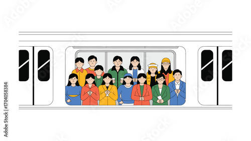 Cartoon Style: Commuters Crowded on Public Transportation Train, Subway Riders in Colorful Outfits. Passengers Standing in a Vehicle. Modern Lifestyle, Urban Mobility.