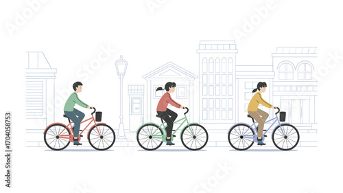 People Riding Bicycles in an Urban Setting Illustration: Active Lifestyle, Commuting, and Enjoying the City by Cycling, Promoting Sustainable Transportation.