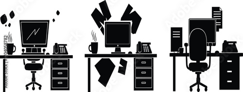 Office workstation illustration set, desk layouts, computer setups, abstract elements, seated workers, productivity icons, vector business environment concept