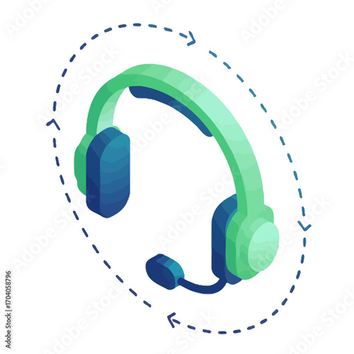 Support.ai Isometric Vector Icon: Headset with Cyclic Arrows Symbolizing Customer Service, Technical Assistance, and Artificial Intelligence