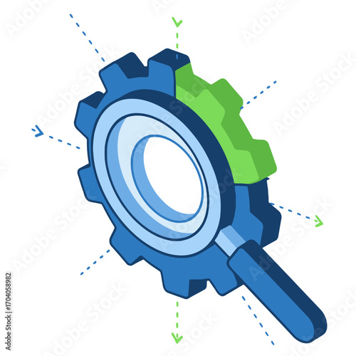 Specialization.ai Isometric Icon: Magnifying Glass and Cogwheel Representing Focus, Optimization, and Artificial Intelligence Technology