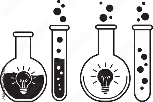 Science flasks and test tubes with lightbulb ideas silhouette