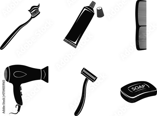 Personal hygiene icon set featuring toothbrush, toothpaste, comb, razor, soap, and hairdryer for grooming design, education, and merch