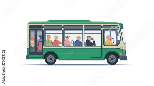Green Shuttle Bus with Elderly Passengers Using Technology, Showing Community, Transportation, and Modern Aging, Offering a Diverse Perspective on Senior Citizen Mobility