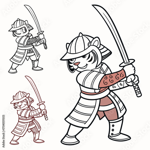 Tiger Samurai Coloring Book Tigers in full Japanese warrior gear