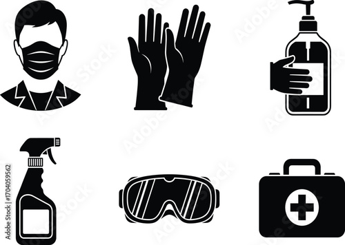 PPE and hygiene icon set, face mask, gloves, sanitizer, spray bottle, goggles, first aid kit, vector safety concept design