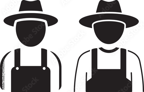 Two farmers wearing hats and overalls silhouette