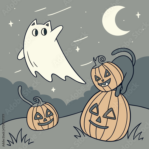 Ghostly Cats Coloring Pack Cats in ghost sheets floating around pumpkins