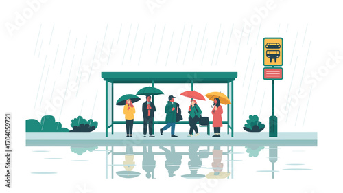 People Waiting at Bus Stop in the Rain with Umbrellas, Flat Vector Illustration for Weather-Related Concepts and Urban Public Transportation Visuals