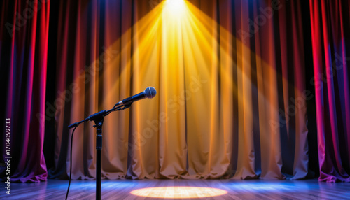 Live performance stage spotlight setting microphone with stand dramatic lighting theatre viewpoint art concept