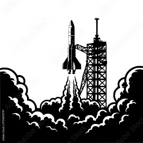 Powerful rocket blasting off from launchpad amidst dramatic smoke plumes symbolizing innovation and progress