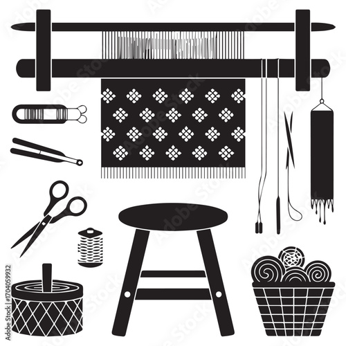 Black silhouette illustration of a traditional weaving loom with tools and materials for textile creation