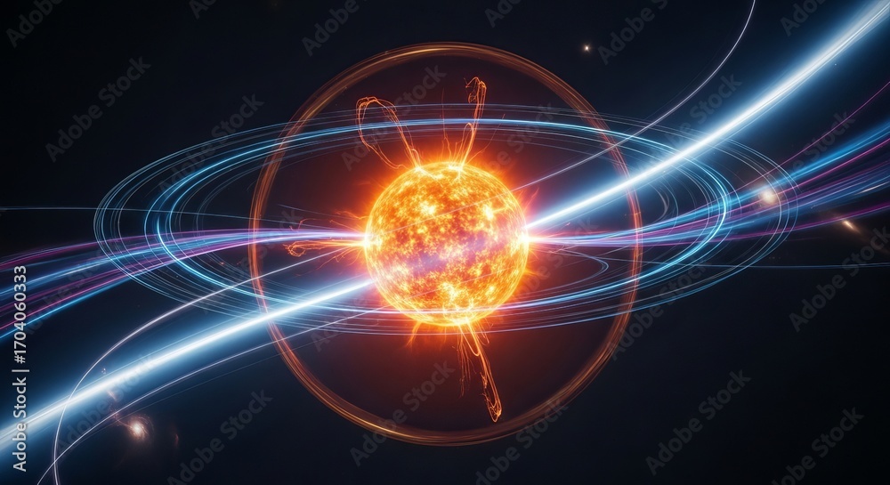 Fototapeta premium Stunning celestial phenomenon A vibrant sun with glowing rings and energetic plasma streams visualized in a cosmic digital art representation