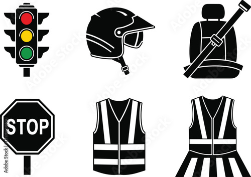 Road safety icon set, traffic light, helmet, car seat, stop sign, safety vest, dress symbols, vector transport concept design