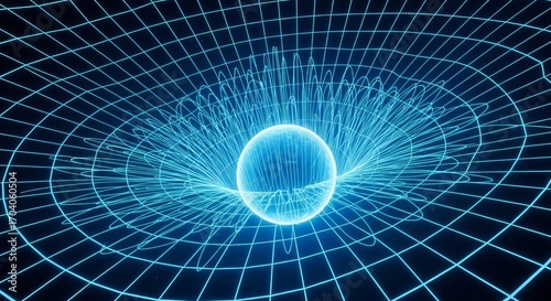 Conceptual illustration of a massive celestial body warping the fabric of spacetime, generating gravitational waves in a glowing blue cosmic grid