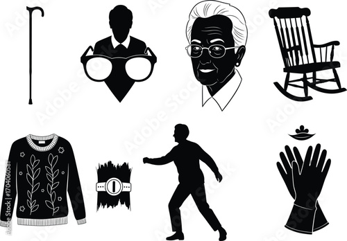 Senior care symbol set, cane, glasses, sweater, rocking chair, elderly face, gloves icons, vector aging lifestyle concept design