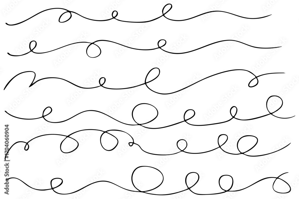 Obraz premium イラスト素材: くるくるの手描きの文字の下の線 アンダーラインセット ベクター