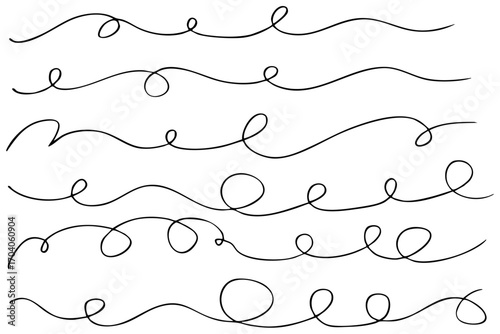 イラスト素材: くるくるの手描きの文字の下の線　アンダーラインセット　ベクター
