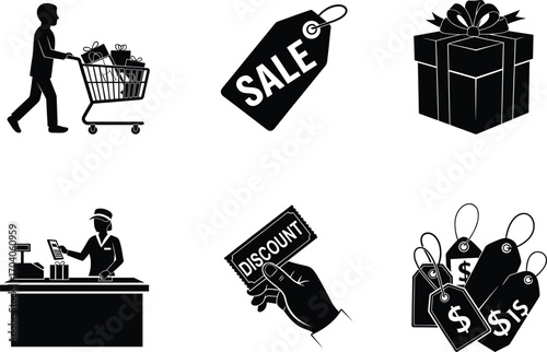 Shopping icon set, cart, sale tag, gift box, cashier, discount card, price labels, vector retail promotion concept design