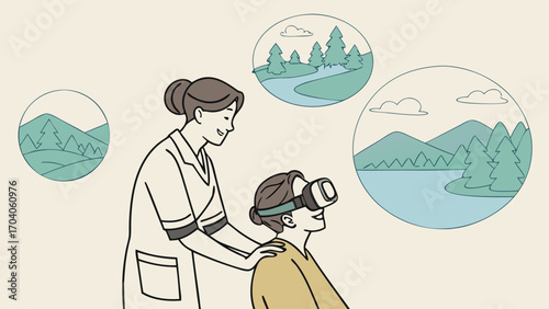 Virtual Reality Therapist Guiding Patient with Futuristic Headset – Healing Technology  Illustration