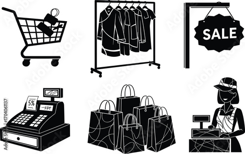Shopping icon set, gift cart, clothing rack, sale sign, cash register, shopping bags, cashier counter, vector retail concept design