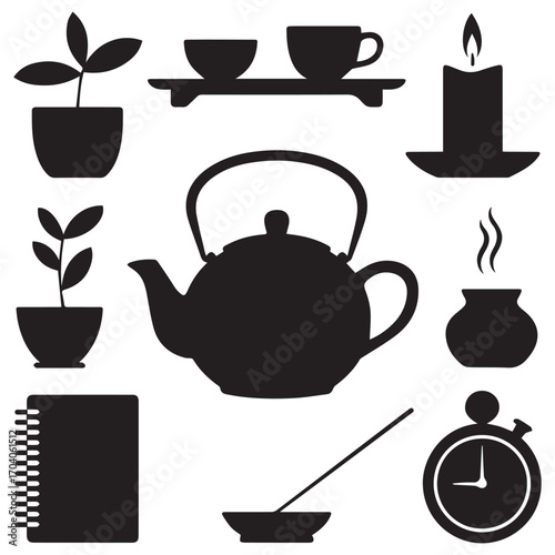 Collection of black silhouette icons representing a peaceful tea ceremony and relaxation time with plants and a candle