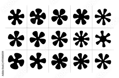 A Grid of Black, Abstract, Flower-like Shapes with Varying Petal Counts