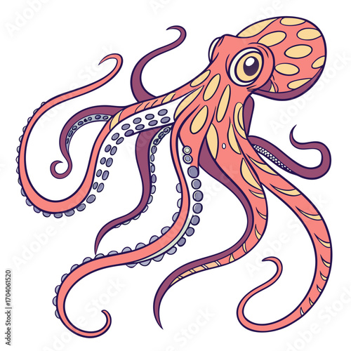 Stylized cartoon octopus with pink body and blue accents