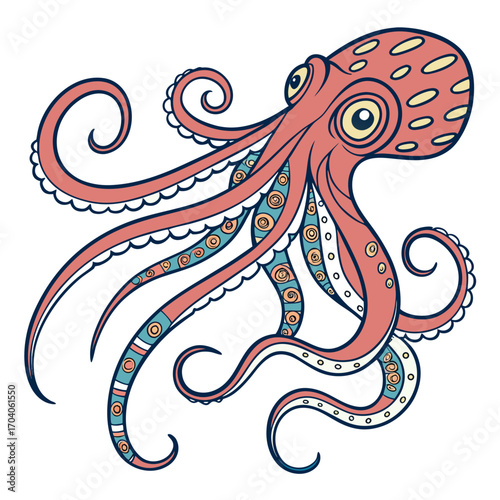 Stylized cartoon octopus with pink body and blue accents
