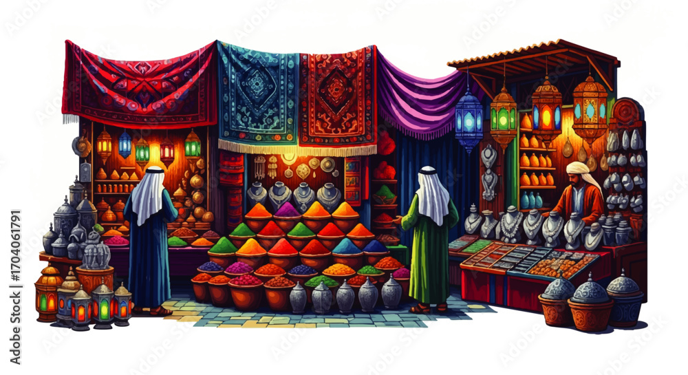 Naklejka premium Vibrant Middle Eastern souk stall with colorful spices, ornate lanterns, and traditional carpets.