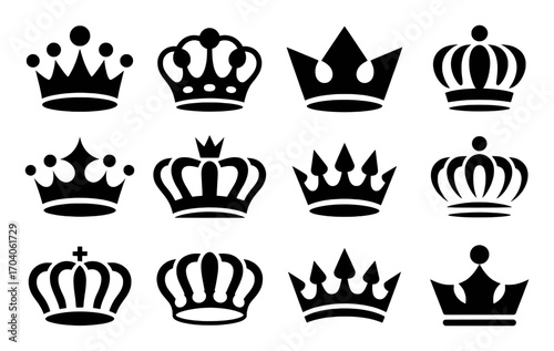 Collection of 12 Black Silhouette Crown Icons on White Background