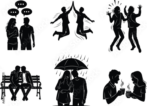 Social interaction illustration set, conversation, high-five, dancing, comfort, umbrella walk, coffee chat icons, vector relationship lifestyle concept