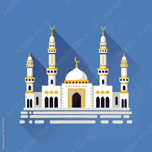 White and gold Islamic mosque illustration with four minarets and a central dome in a flat design style.