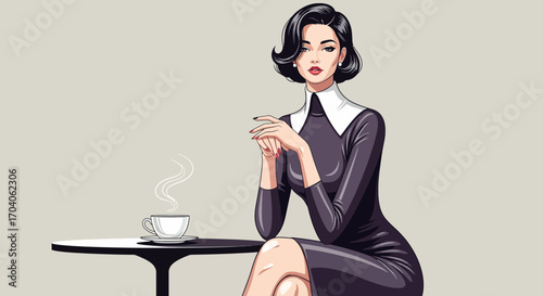 Illustration of a sophisticated and elegant woman in a classic dark dress sitting at a table with a cup of coffee