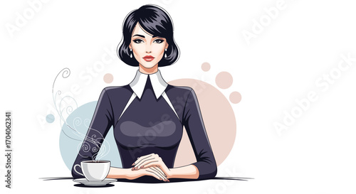 Elegant businesswoman with short black hair sitting at a table with a cup of coffee. Vector illustration of a professional woman on a white background
