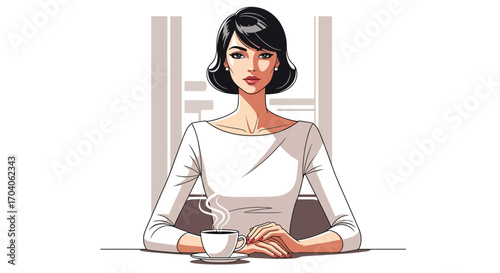 Elegant illustration of a stylish woman with short black hair enjoying a hot cup of coffee at a table
