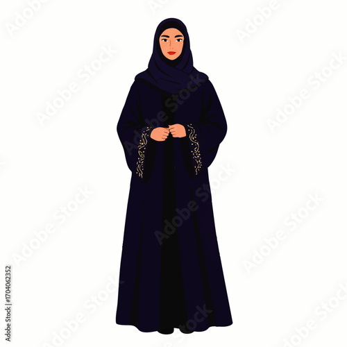 Woman in Traditional Dark Blue Abaya with Gold Embellishments