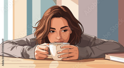 A thoughtful young woman enjoys a quiet, cozy morning at home, holding a warm cup of coffee or tea while relaxing at her table