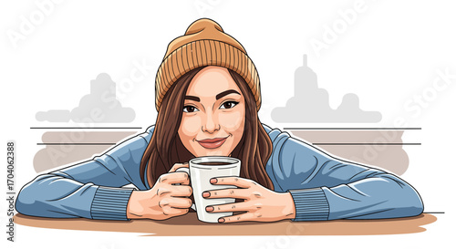 Beautiful smiling woman in a beanie enjoying her cozy morning routine with a warm cup of coffee or tea