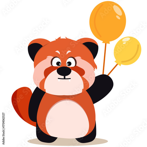 Cute red panda holding balloons, happy cartoon character