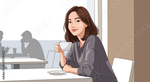 Illustration of a beautiful young woman enjoying a relaxing coffee break in a modern cafe, smiling warmly at the camera. Concept of a happy lifestyle