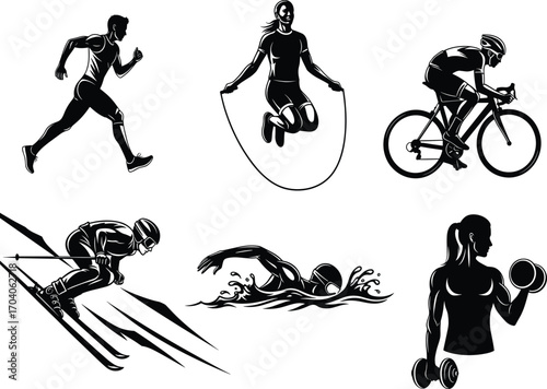 Sports activity illustration set, running, cycling, skiing, swimming, jump rope, weightlifting icons, vector design, fitness, athletic lifestyle concept