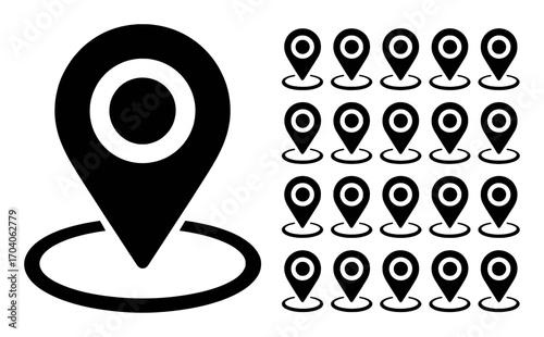 Collection of Black Location Pin Icons on a White Background