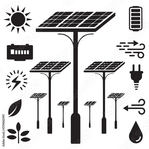 Collection of black silhouette icons representing renewable energy sources and related concepts on a white background