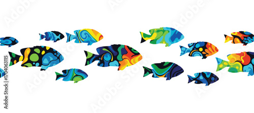 A colorful gathering of tropical fish. Fish silhouettes. A trendy abstract design ideal for backgrounds, packaging, paper, covers, fabric, cards, and clothing prints.