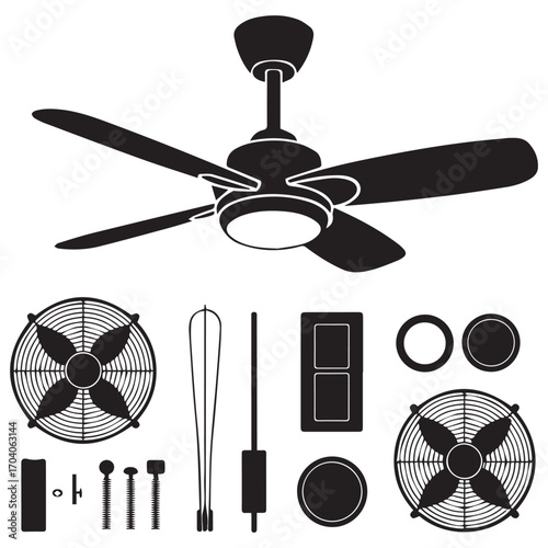 Collection of black silhouette icons representing various ceiling fan components and a complete fan with light for design projects