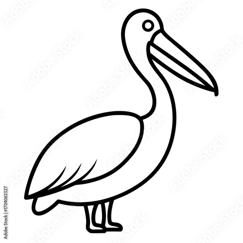 Stylized black and white outline drawing of a pelican bird standing on its legs silhouette