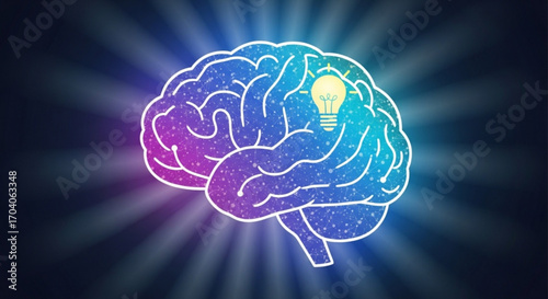 Brain with lightbulb inside, symbolizing idea, innovation, and intelligence, shining brightly against a dark background, creating a visual metaphor
