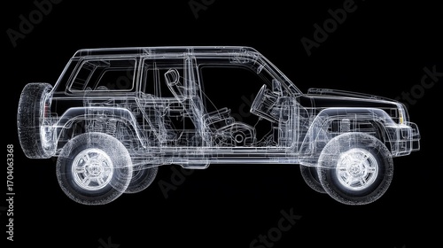 Digital 3d wireframe model of off-road car for automotive design and engineering visualization